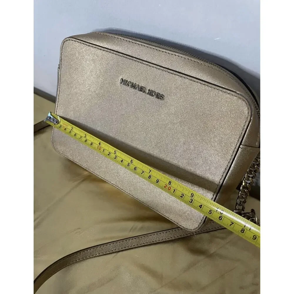 Michael Kors Jet Set Metallic Pale Gold Crossbody Bag MK Logo